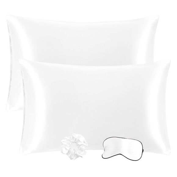 2pcs Satin Bed Pillowcase with Eye Mask & Hair Twister White 20"x26" - Picture 1 of 6